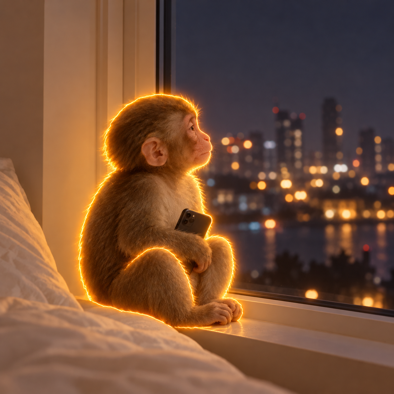 A small sad ape by the window, watching warm city lights at night
